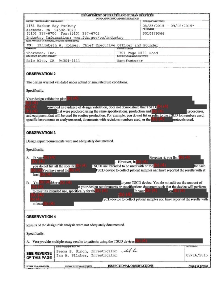 Theranos FDA inspection report