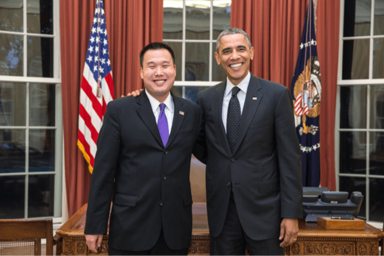 Shin Inouye, Press Secretary and Advisor for U.S. Citizenship and Immigration Services, a department of Homeland Security, with President Obama