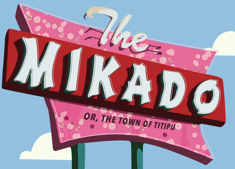Promotional art for \"The Mikado; or the City of Titipu,\" presented by the Harvard-Radcliffe Gilbert and Sullivan Players