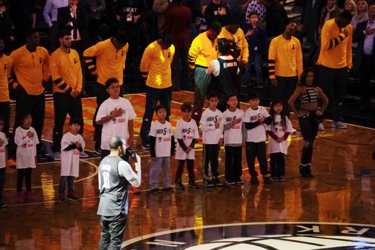 Two dozen Taiwanese-American children were selected to stand on the court during the National Anthem at the Brooklyn Nets 2016-2017 season home opener on Oct. 28, 2016.