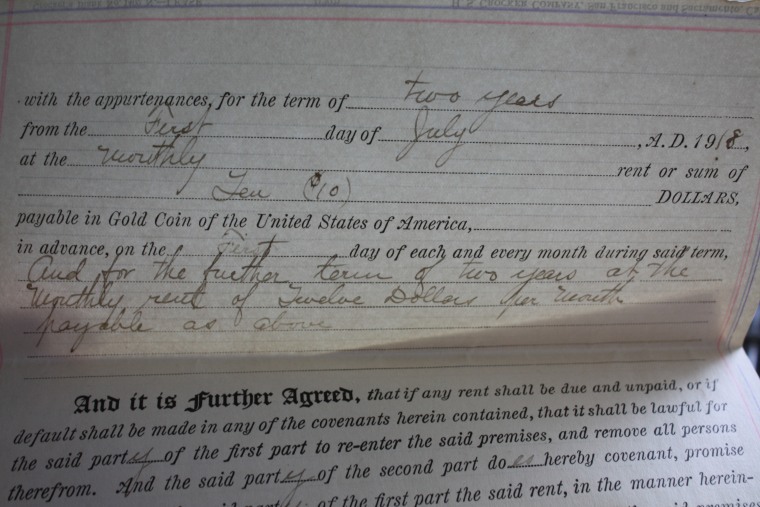 An original 1918 lease for Ching Lee Laundry shows that the Yee family paid $10 per month to rent their shop in San Mateo, Calif.