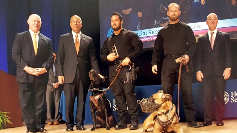 Secret Service dogs Hurricane, left, and Jardan received the Award for Valor for their apprehension of a White House fence jumper at the U.S. Department of Homeland Security Secretary's Awards in 2015.