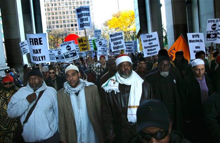 Muslim community members and supporters march near 1 Police Plaza to protest the New York Police Department surveillance operations of Muslim communities on Nov. 18, 2011, in New York.