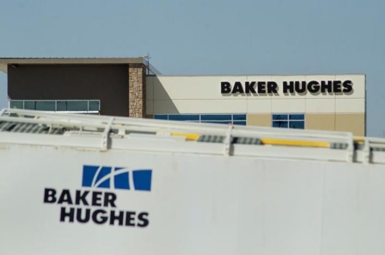 Idle oil equipment is seen in a Baker Hughes yard in Williston