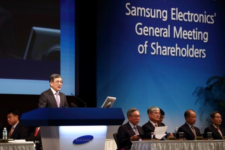 Kwon Oh-Hyun, chief executive officer of Samsung Electronics Co., speaks during the company?s extraordinary general meeting of shareholders at the Seocho office building in Seoul, South Korea