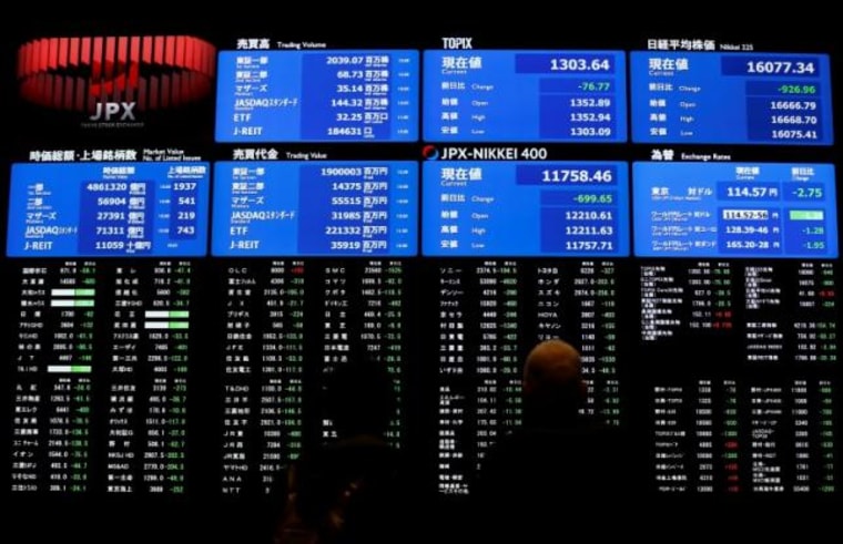 Visitors looks at an electronic board showing the Japan's Nikkei average at the Tokyo Stock Exchange in Tokyo