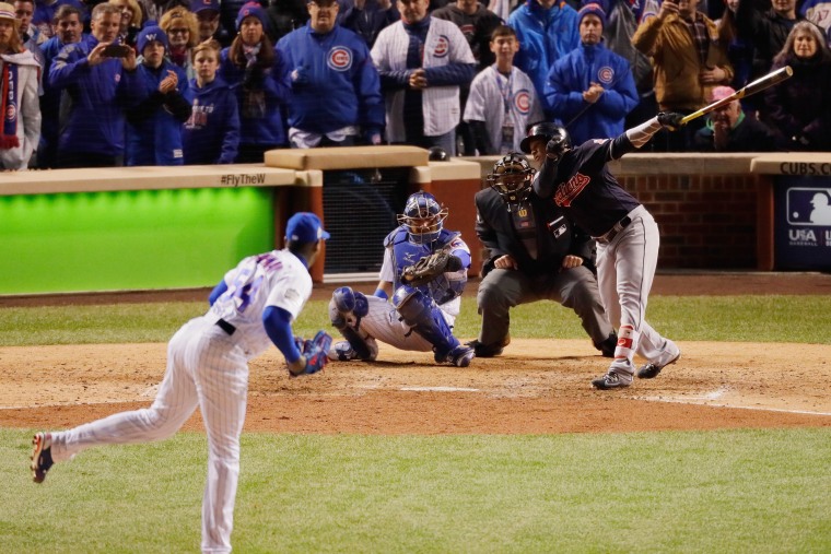 Cleveland Indians Jose Ramirez (11) bats in the second inning during Game 5  of the Major League Baseball World Series against the Chicago Cubs on  October 30, 2016 at Wrigley Field in