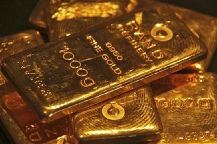 Gold bars are displayed at a gold jewellery shop in the northern Indian city of Chandigarh