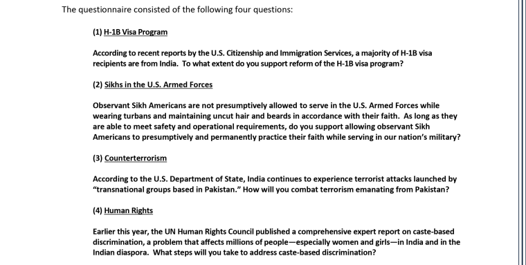 The questions covered in the 2016 Candidate Questionnaire on Indian-American Issues