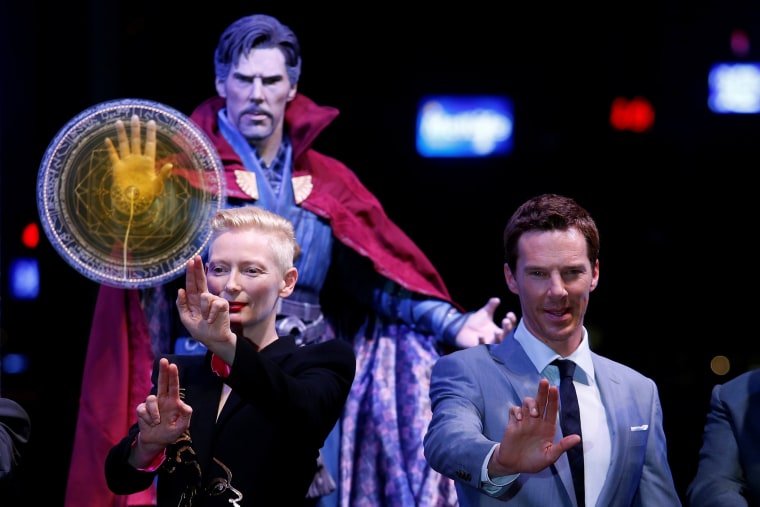Image: British actors Tilda Swinton and Benedict Cumberbatch pose during a promotion of film "Doctor Strange" in Hong Kong