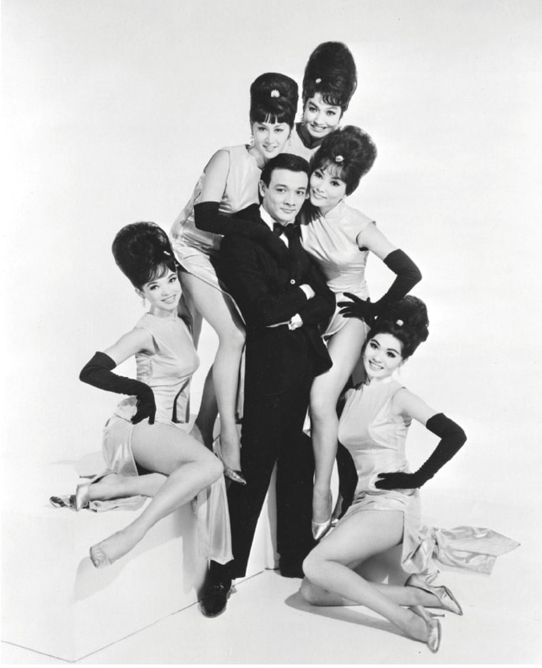 Jimmy "Jay" Borges with dancers (the Oriental Playgirls) in the mid 1960s. From left: Joanna Pang, Arlene Wing, Kako Tan, Sisko Borges (Borges's then wife), Cynthia Fong.