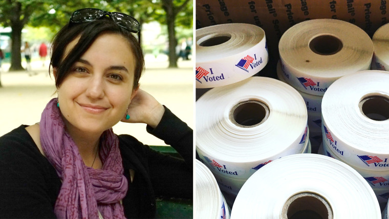Kristin Cantu and the "I voted" stickers she bought for her town of Medford, Massachusetts
