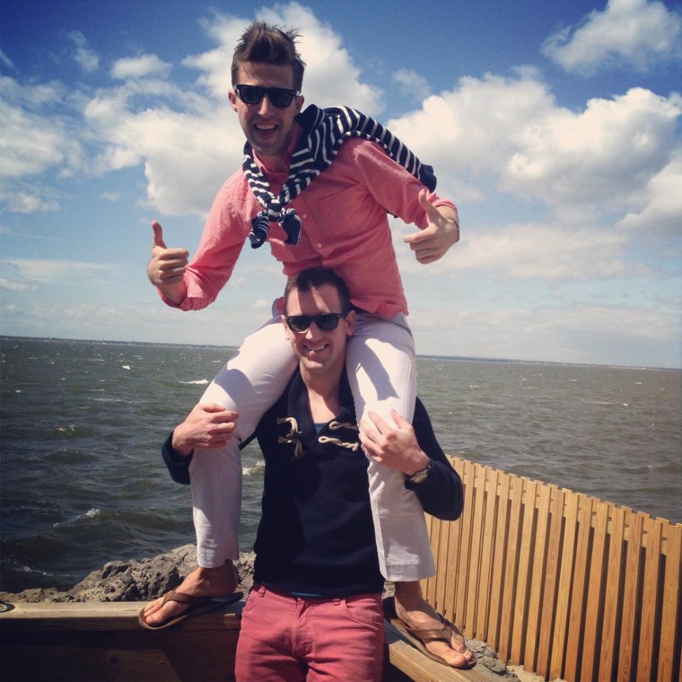 Greg Goodwin on the shoulders of his fiance', Kyle Rush