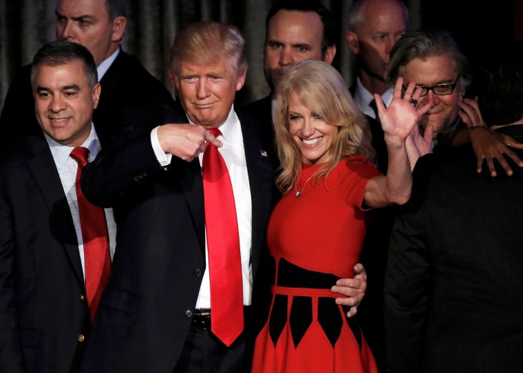 Image: U.S. President-elect Donald Trump and his campaign manager Kellyanne Conway greet supporters during his election night rally in Manhattan