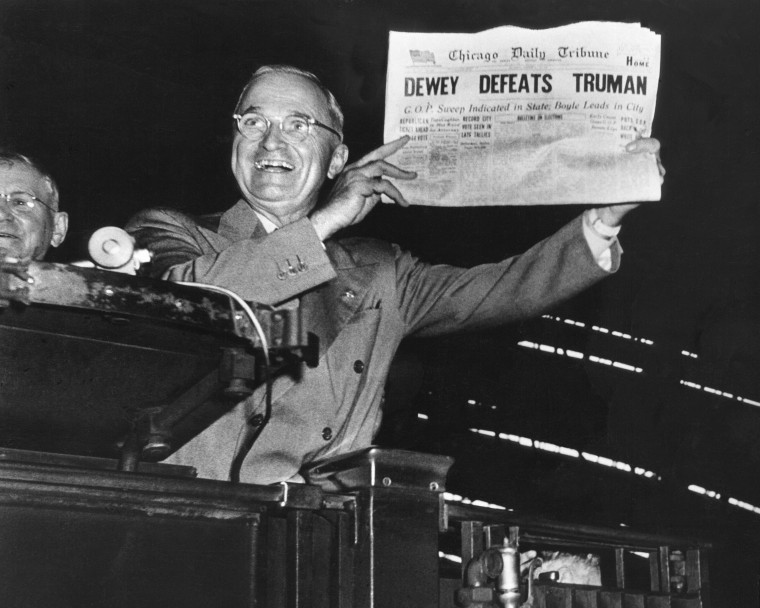Image: Victorious Pres. Harry Truman jubilantly displaying he erroneous 1948 Chicago Daily Tribune headline.