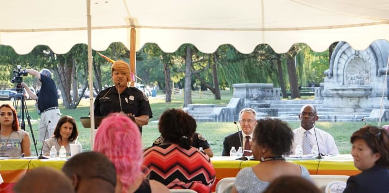 Officer Danielle Woods at an LGBTQ community chat in Detroit's Palmer Park