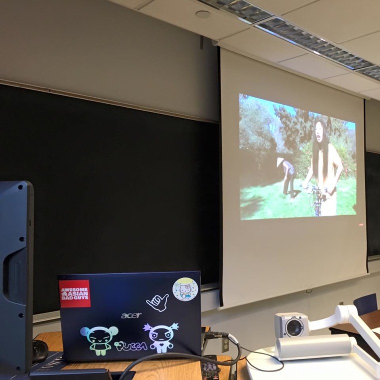 Frances Kai-Hwa Wang showing a Kristina Wong parody video of a 2012 election commercial which featured harmful Asian stereotypes.