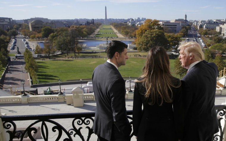 Image: Speaker of the House Paul Ryan shows Melania Trump and U.S. President-elect Donald Trump the Mall in Washington.