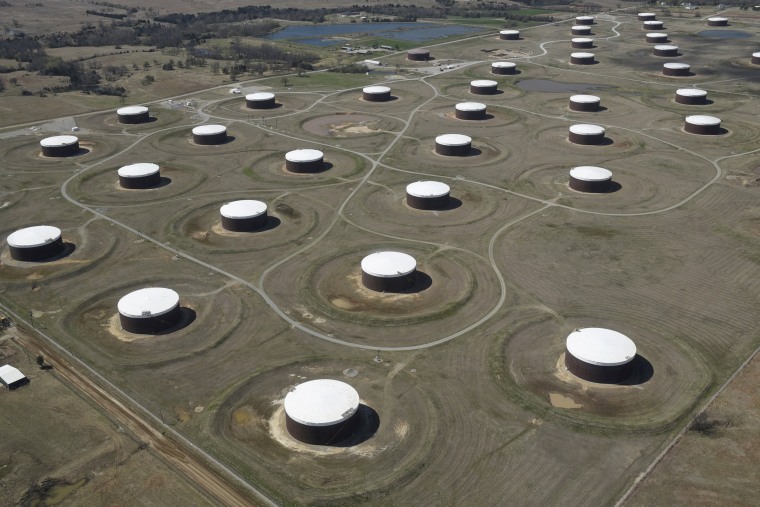 Image: Crude oil storage tanks are seen from above at the Cushing oil hub in Cushing