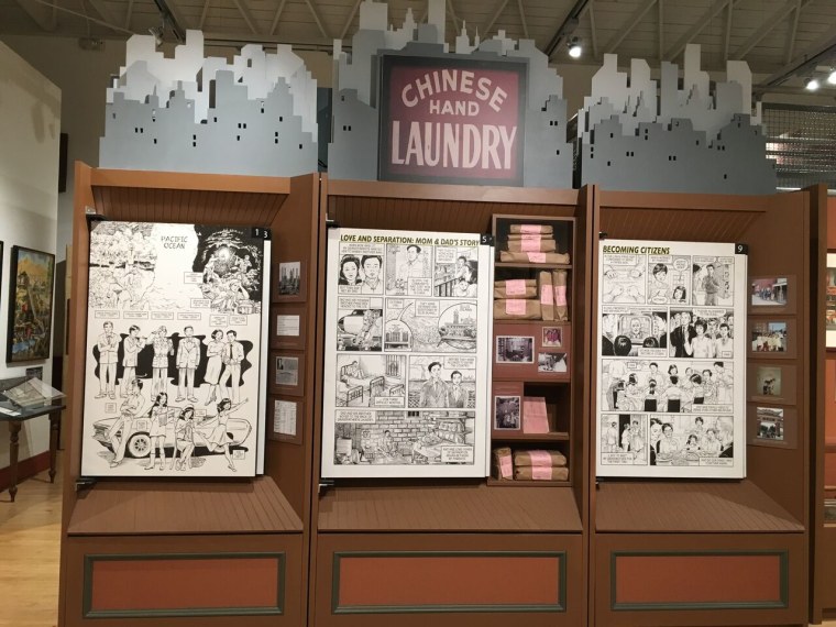 A display featuring graphic novel art at "Chinese American: Exclusion/Inclusion" at the Chinese American Historical Society