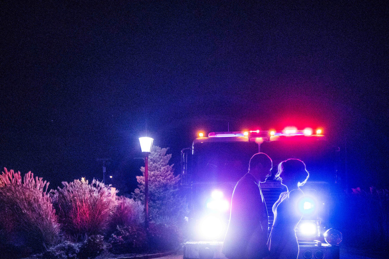 Newlyweds Allison Russoniello and Kevin Duffy decided to make the best of the situation and use the fire truck as a photo opportunity. 