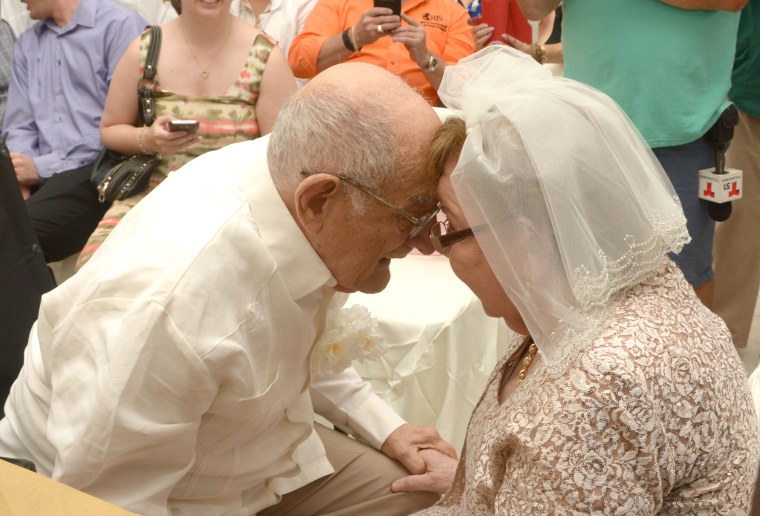80-year-old first time bride marries 95-year-old widower groom.