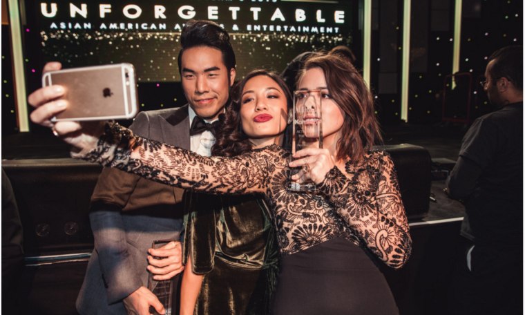 Eugene Yang, Constance Wu, and Chloe Bennett pose for a picture at 2015's "Unforgettable Gala."