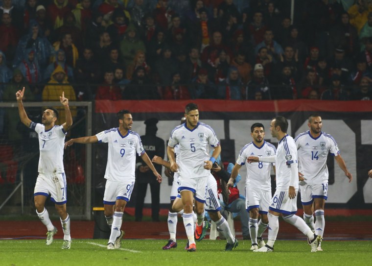 Image: Israel's national soccer team celebrate a goal against Albania on Nov. 12, 2016