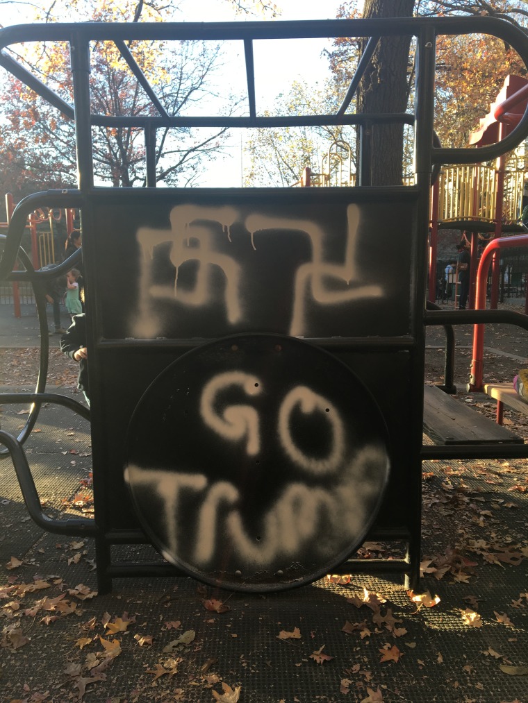 Swastikas and the message 'Go Trump' appeared on playground equipment at Adam Yauch Park in Brooklyn.