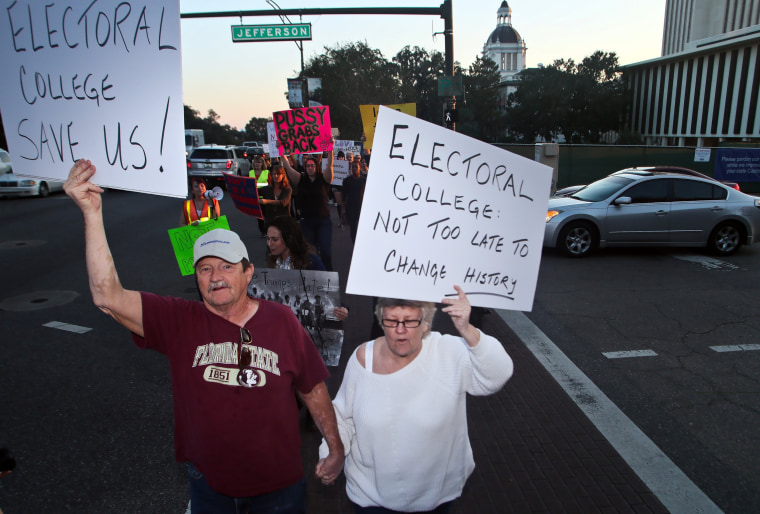 Image: Protesters opposed to the Electoral College circle the Capitol as they demonstrate against the election of Republican Donald Trump as President of the United States in Tallahassee