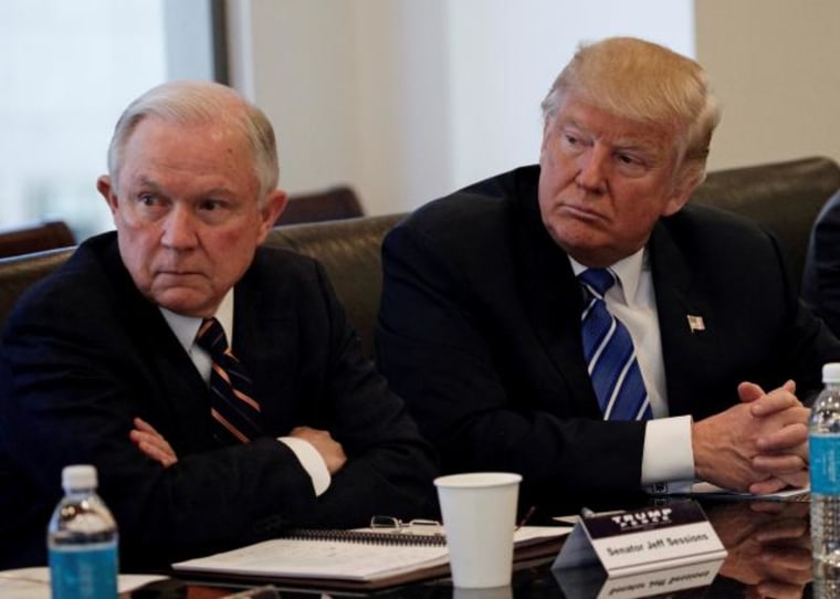 Donald Trump sits with U.S. Senator Jeff Sessions (R-AL) at Trump Tower in Manhattan