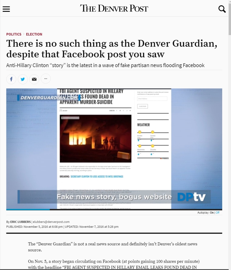 Image: The Denver Post published a story with the headline" There is no such thing as the Denver Guardian, despite that Facebook post you saw.