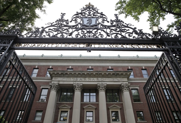 In this Thursday, May 28, 2015 photo, a gate over the entrance of Barnard College is seen in New York.
