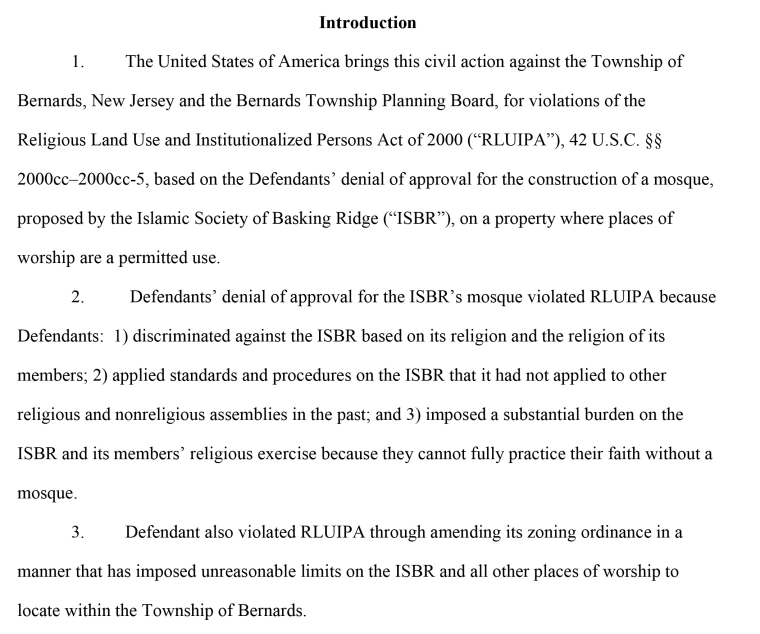 An excerpt of court documents detailing the Department of Justice charges against Bernards Township.