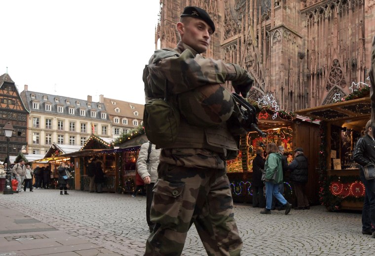 Image: A French soldier patrols in Strasbourg
