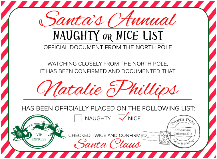 Kebakovski created a certificate, sold in her Etsy shop, that lets kids know whether they've landed on the naughty list or the nice list.