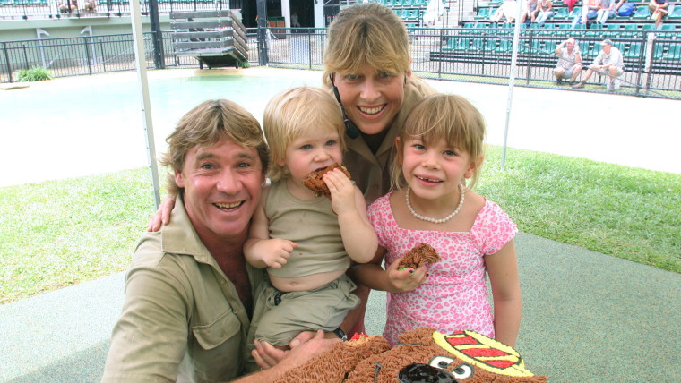 Steve Irwin, with his wife Terri Irwin, daughter Bindi Irwin, and son Bob Irwin, on Bob's 2nd birthday