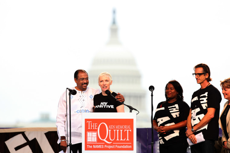 UNAIDS Executive director Michel Sidibe and Singer-Songwriter Annie Lennox at the opening on the AIDS Memorial Quilt on July 21, 2012 in Washington DC.