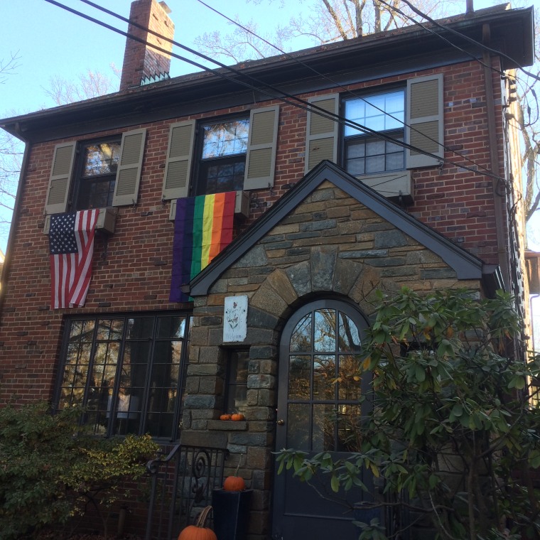 A rainbow Pride flag on the Washington, D.C. home of Joanne Pratt