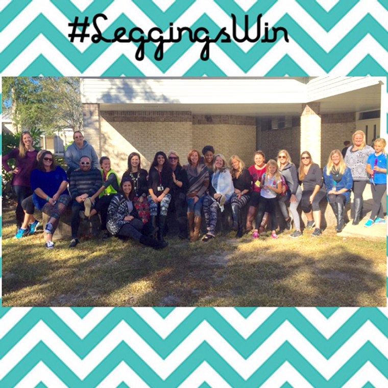 Coworkers of Kelley Markland dressed in leggings in support of their friend