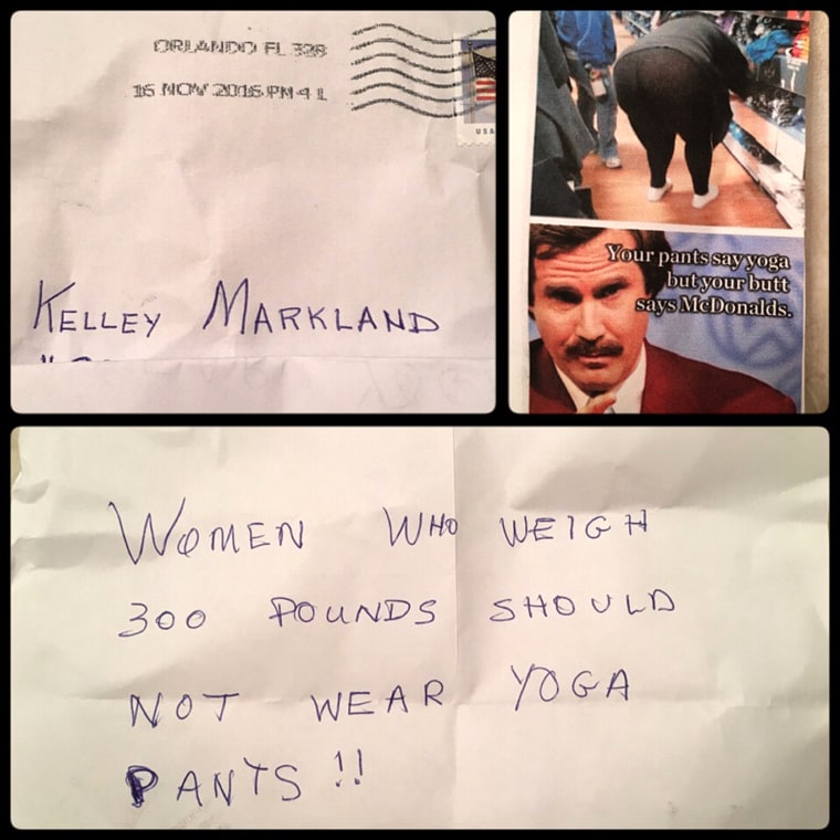 Kelley Markland, a Florida woman was mailed an anonymous letter that mocked her for wearing leggings.