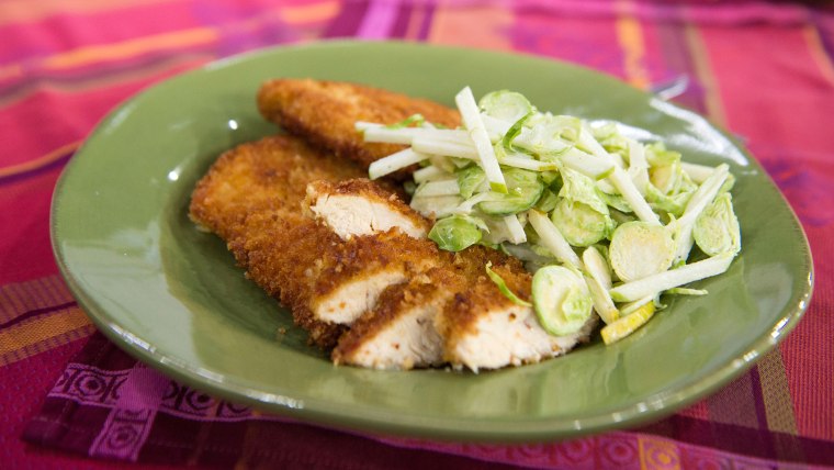 Chicken Schnitzel with Apple, Pear and Brussels Sprout Slaw