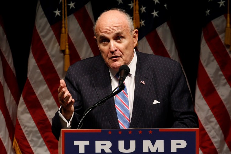 Image: Giuliani delivers remarks before Trump rallies with supporters in Council Bluffs, Iowa, U.S.