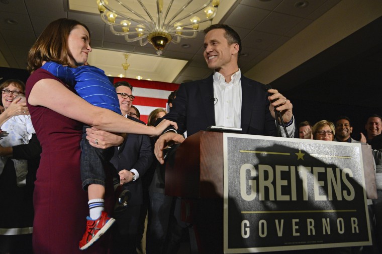 Image:Eric Greitens, Sheena and their son Joshua during his victory speech  in Chesterfield, Missouri last month.