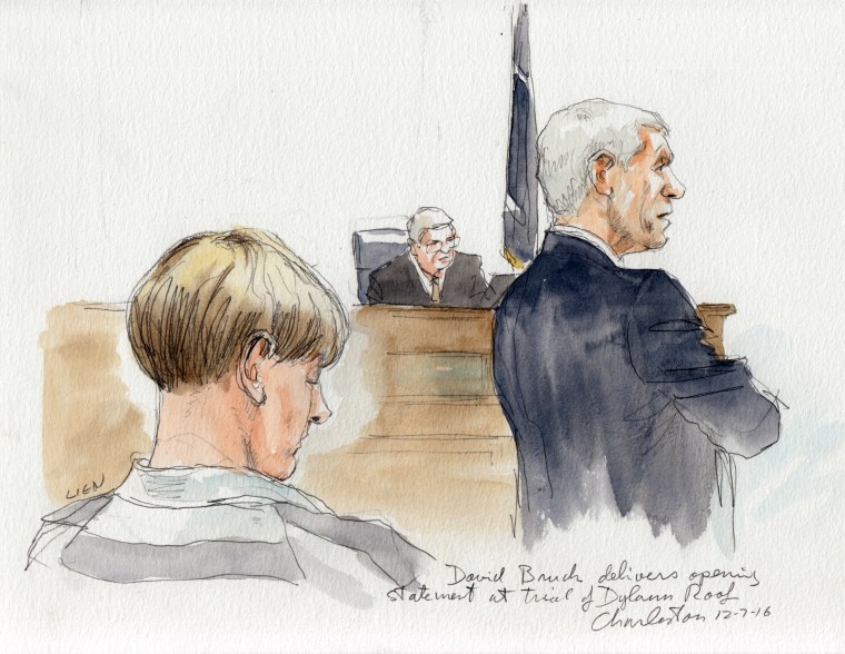 Image: Defense attorney David Bruck delivers his opening statement at the trial of Dylan Roof