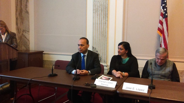 (from left) San Juan PR Mayor Carmen Yulin Cruz, Rep. Luis Gutierrez, Clarisa Lopez Ramos (Oscar's daughter), Jose Lopez Rivera, at the U.S. Senate, Washington, D.C. December 8, 2017