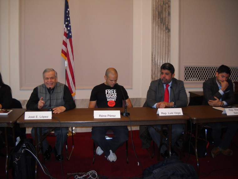 (from left, Jose Lopez Rivera, rapper Rene "Residente" Perez, island legislators Luis Vega and Manuel Natal Albeo, at the U.S. Senate, Washington, D.C., December 8, 2016