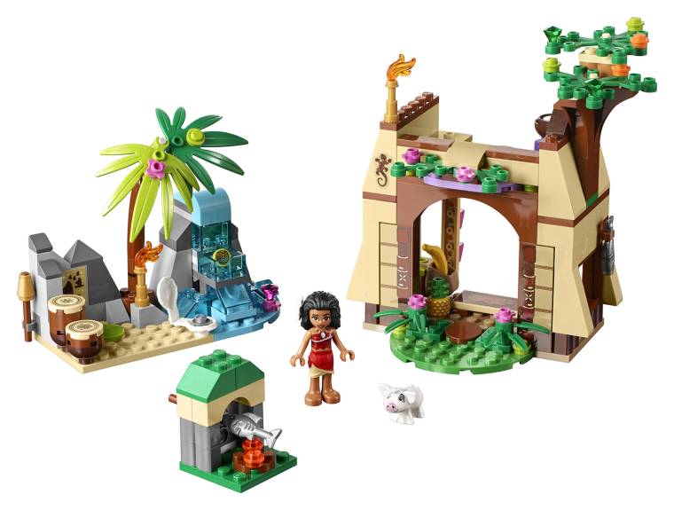 A LEGO set based on the film "Moana," featuring the title character in an island village.