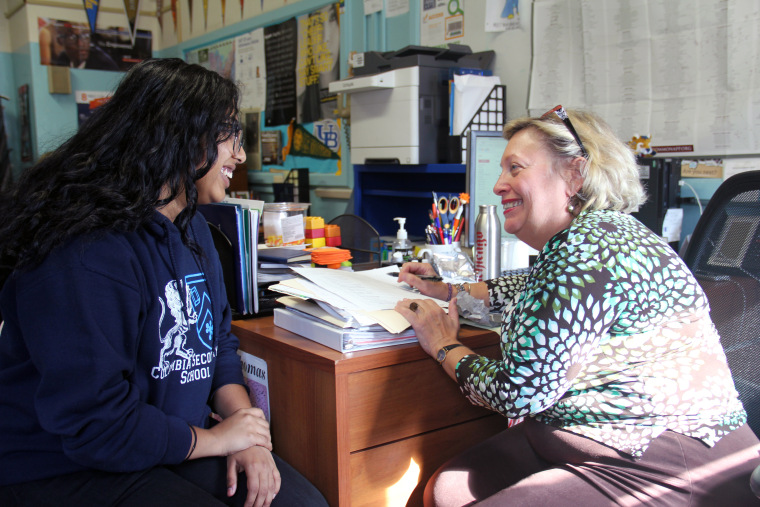 Murshea Tuor, a senior at New York City's Columbia Secondary School for Math, Science, and Engineering, talks to Carla Shere, director of college guidance.
