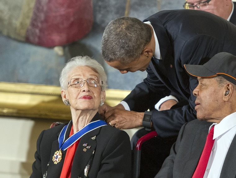 Katherine G. Johnson, a NASA mathematician, receives the Presidential Medal of Freedom from United States President Barack Obama during a ceremony in the East Room of the White House in Washington, DC. The Medal is the highest US civilian honor, presented to individuals who have made especially meritorious contributions to the security or national interests of the US, to world peace, or to cultural or significant public or private endeavors.